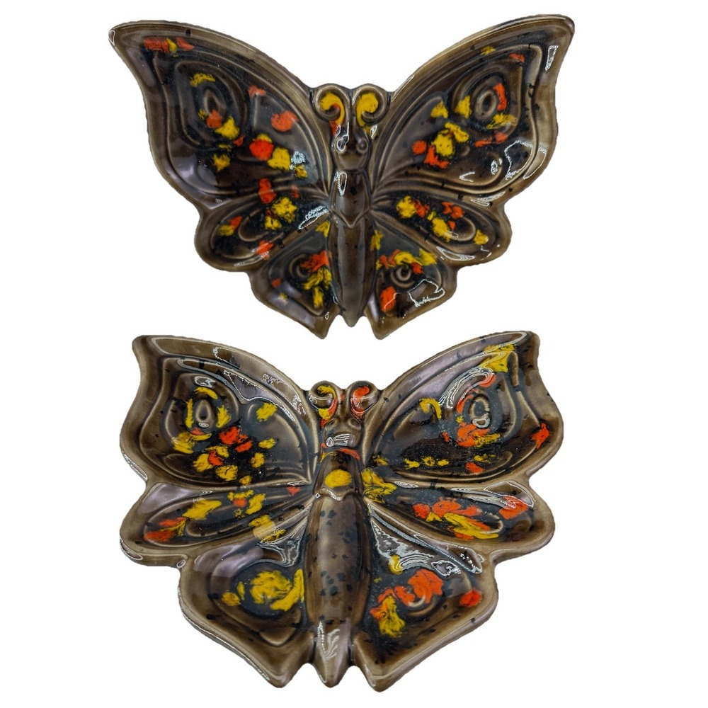Vintage Ceramic Butterfly Wall Hanging Set Of 2 Boho Retro 1970's